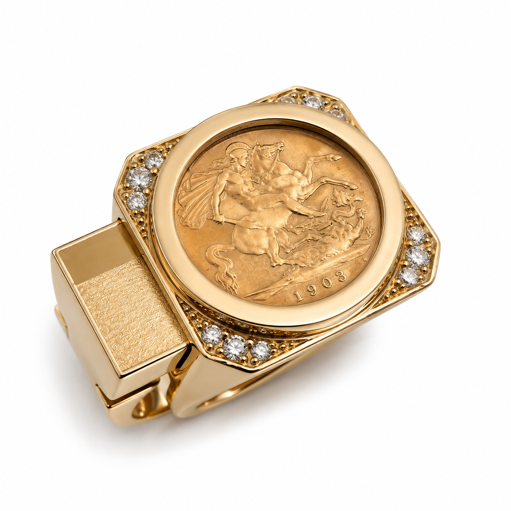007 Half Sovereign Gold Diamond Ring - detail view