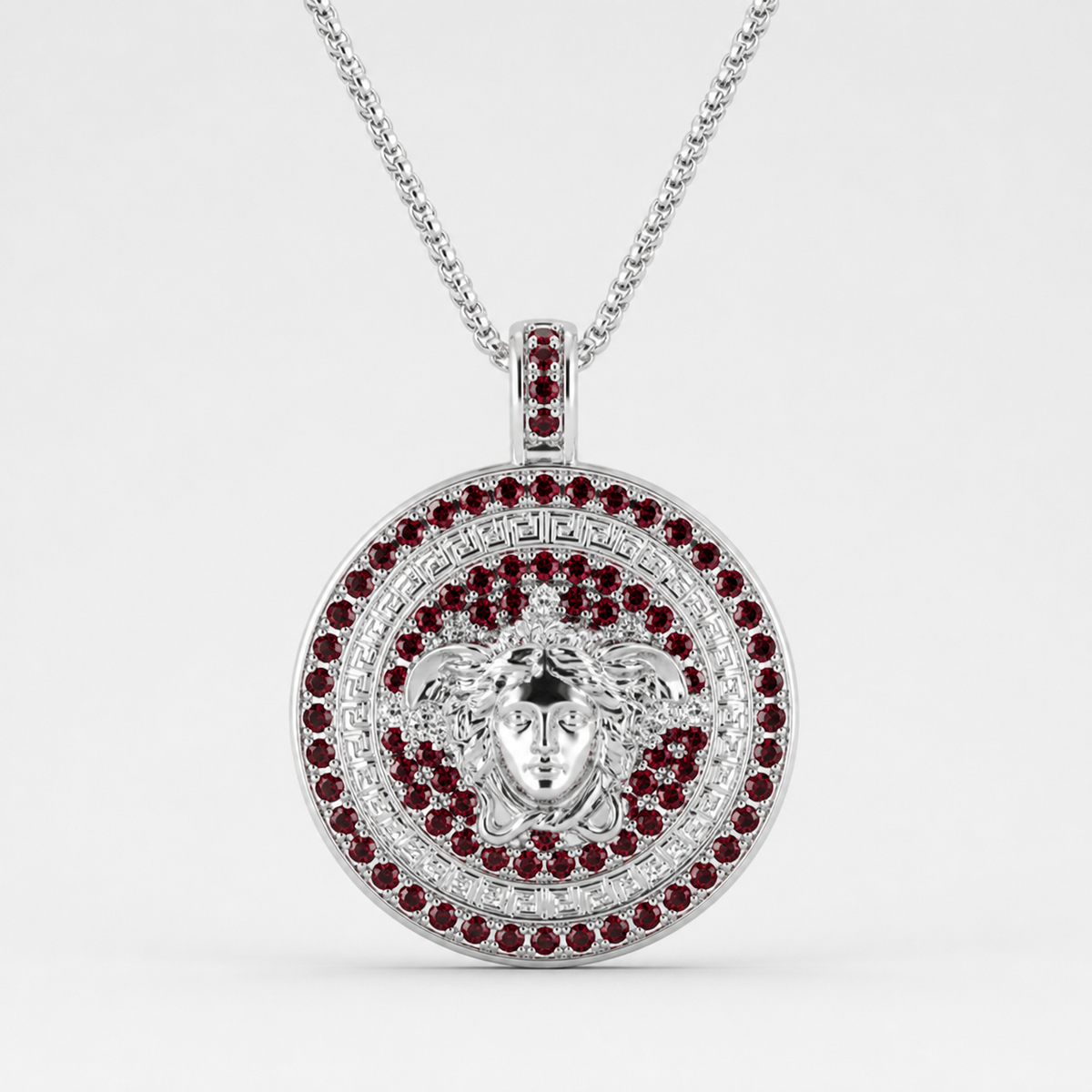 Professional studio product photo of Red CZ Mythology Medusa (large) Pendant & Chain on white background