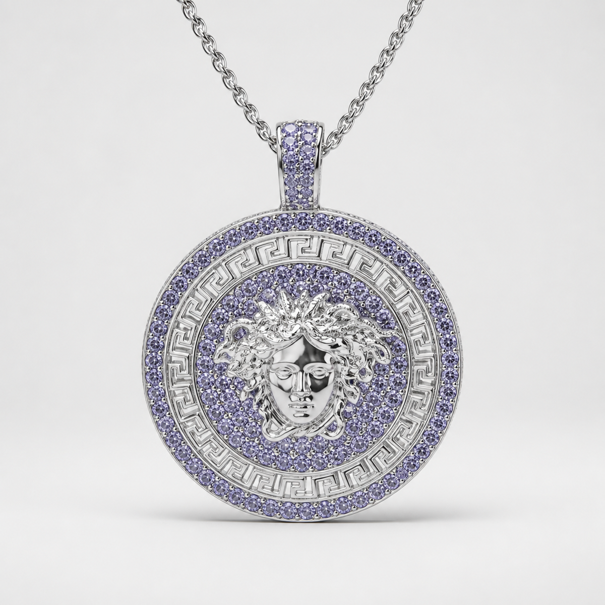 Professional studio product photo of Purple CZ Mythology Medusa (large) Pendant & Chain on white background