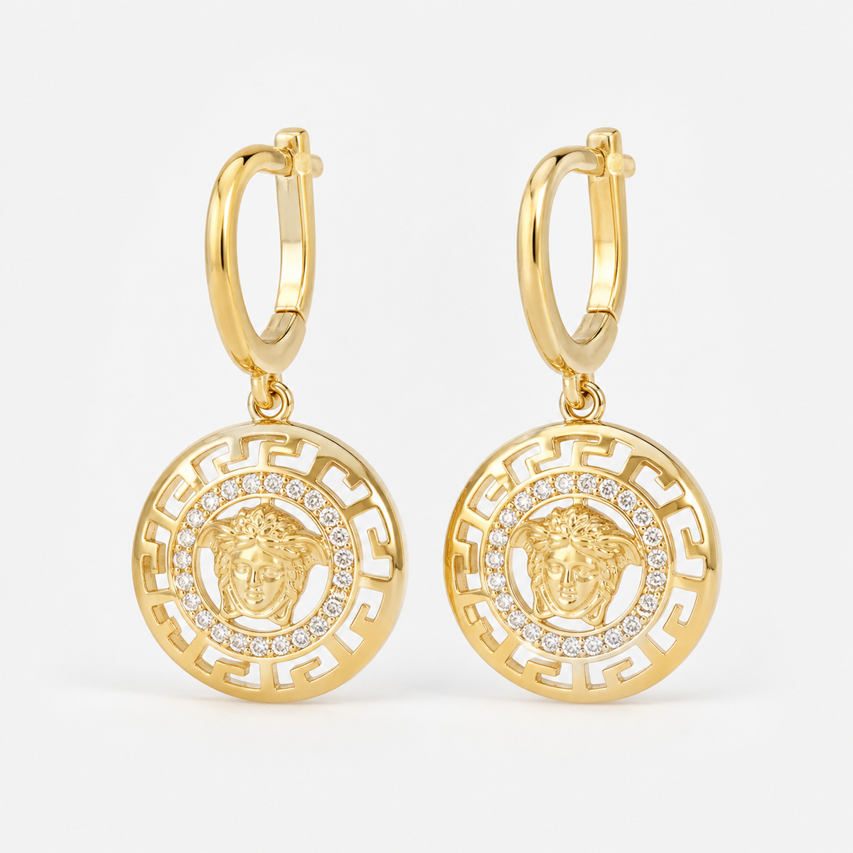 Professional studio product photo of 9ct Gold Mythology Medusa Diamond Drop Gold Earrings .72ct Diamond on white background