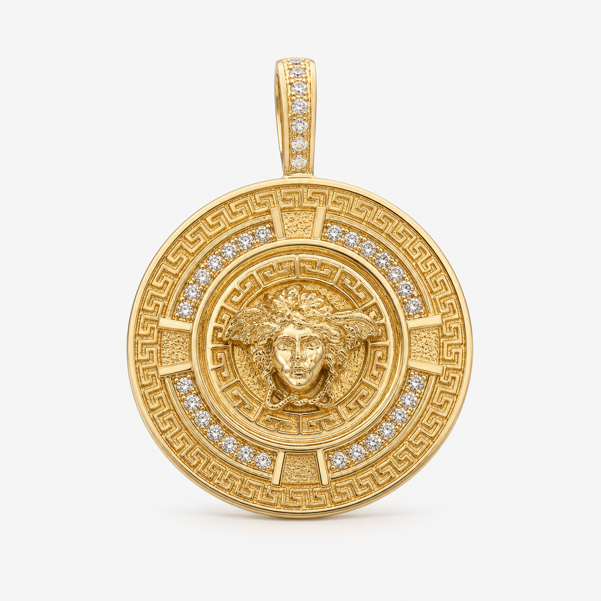 Professional studio product photo of Mythology Medusa Diamond Pendant With Greek Key Boarder on white background
