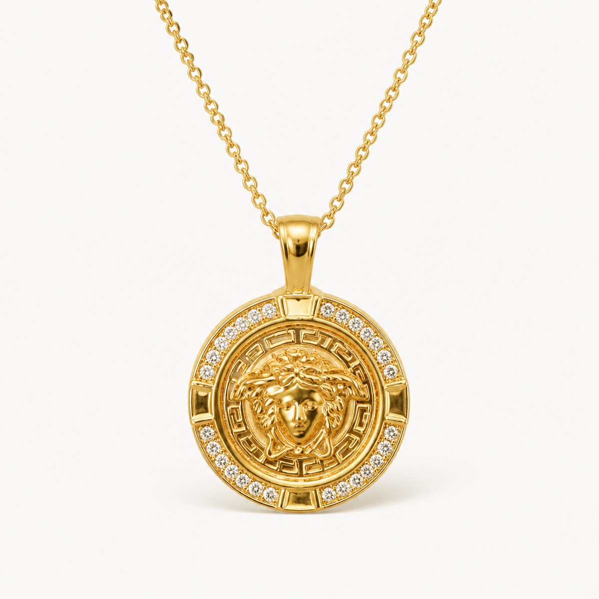 Professional studio product photo of 9ct Mythology Medusa With Diamonds Plus Chain on white background