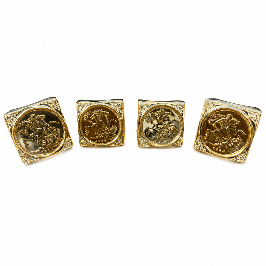 9ct Gold and Diamond Square Mount Full Sovereign Ring - detail view