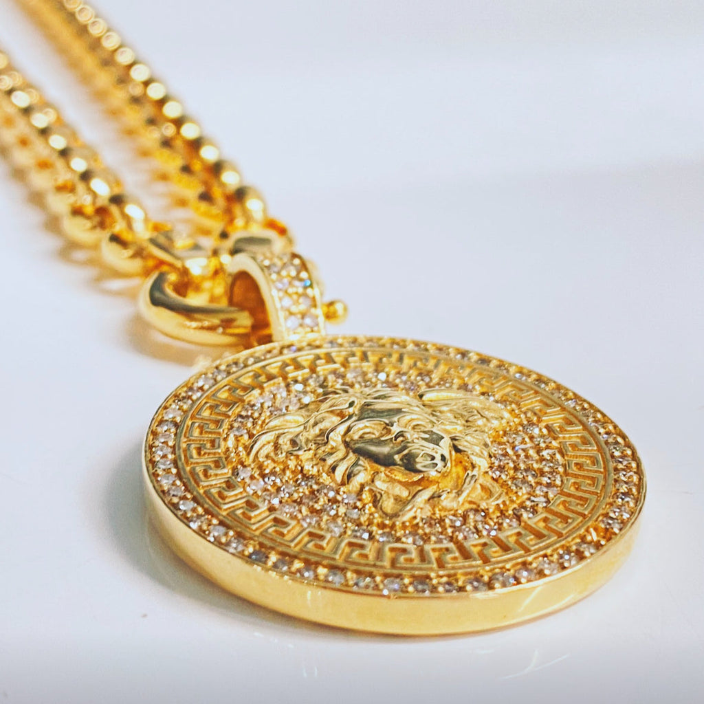 9ct Gold Mythology Medusa Pendant with Diamonds + Gold Belcher Chain - detail view