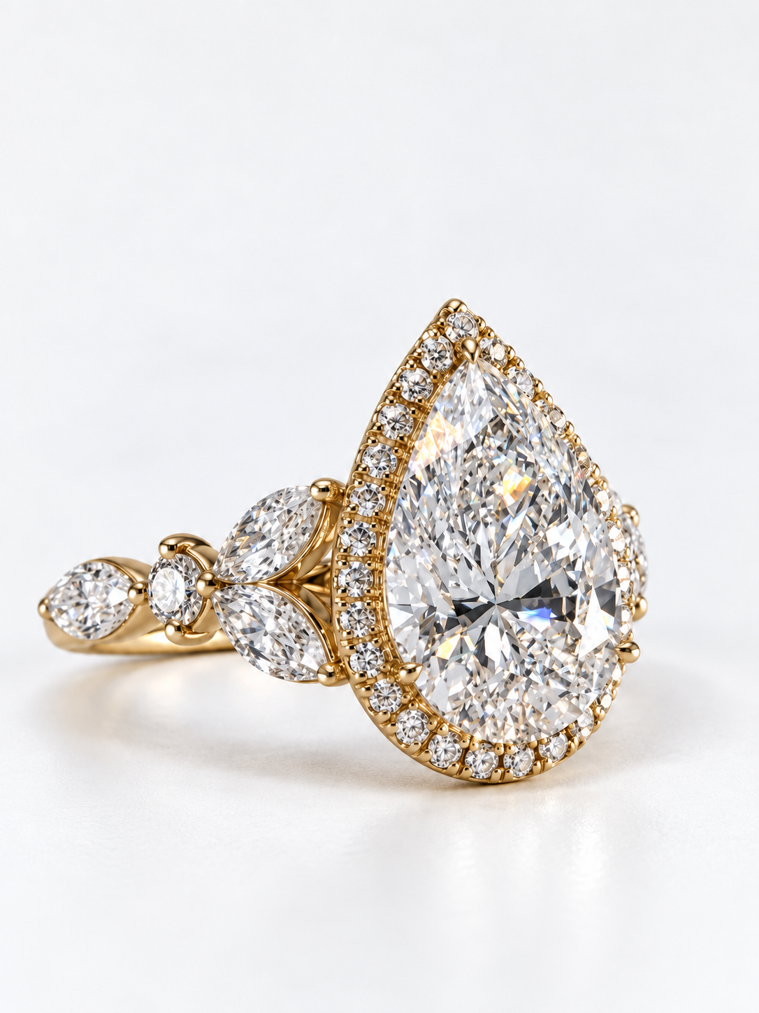 9ct Yellow Gold Pear-Cut Diamond Halo Ring with Marquise Shoulders