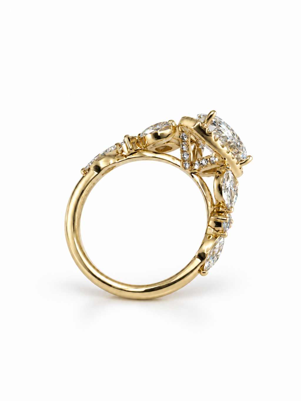 9ct Yellow Gold Pear-Cut Diamond Halo Ring with Marquise Shoulders