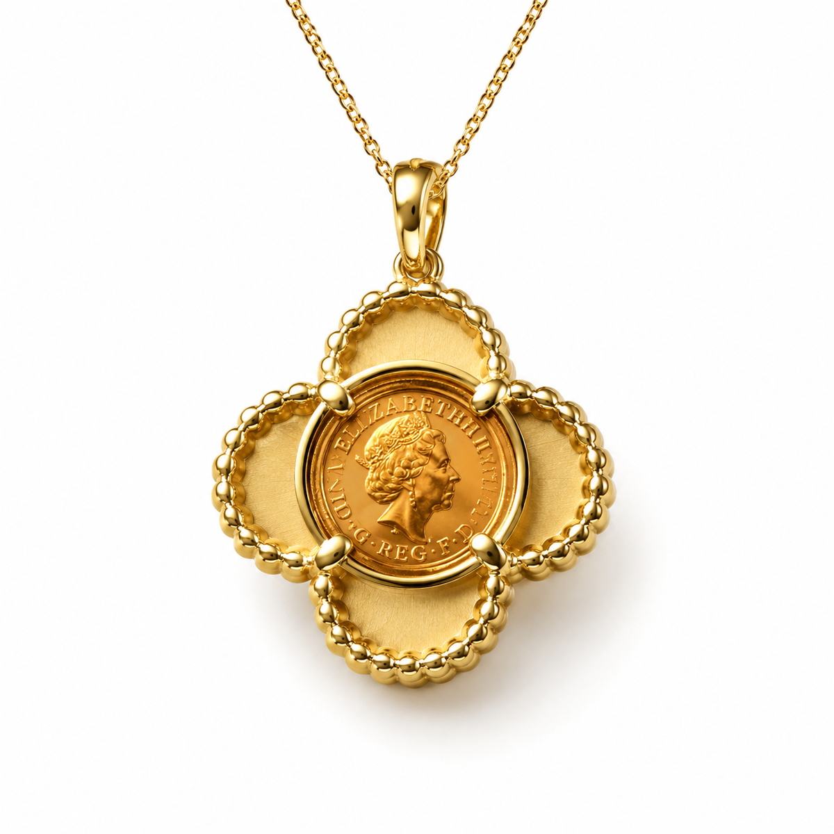9ct Gold Half Sovereign Clover Pendant - detail view