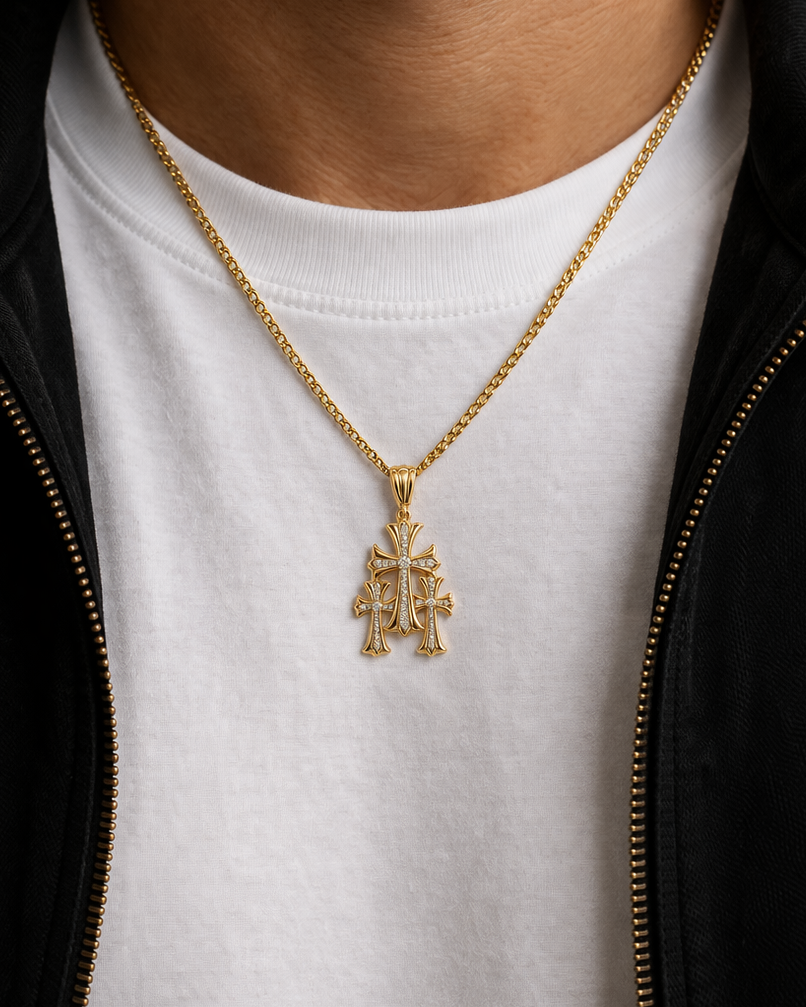 9ct Triple Cross With Diamonds - detail view