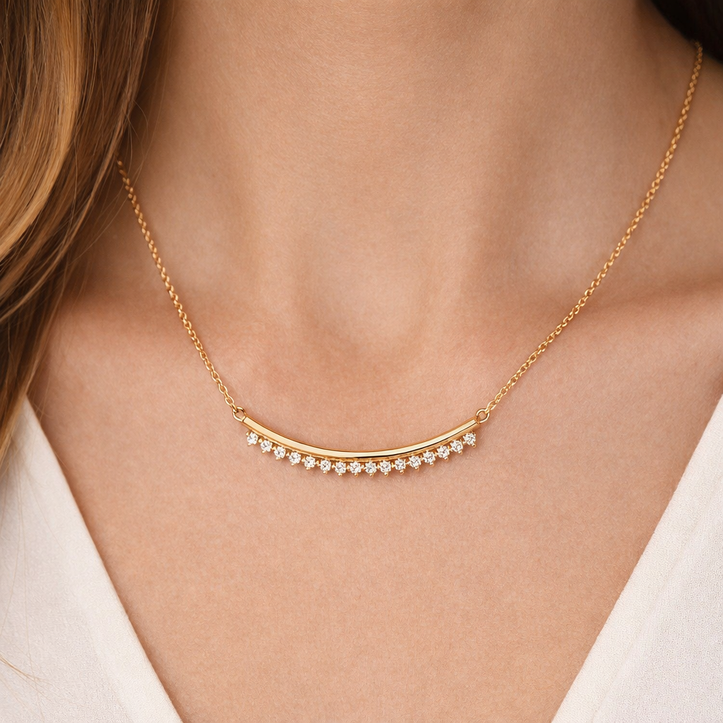 Ellani Yellow Gold Plated CZ Curved Bar Necklace - product image