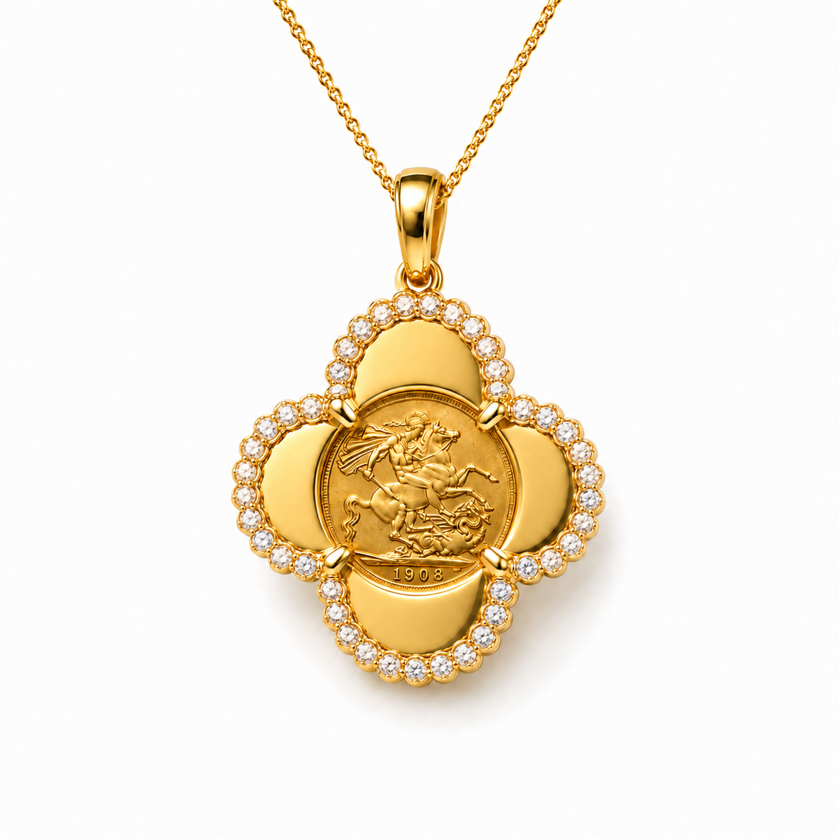 9ct Gold Diamond Half Sovereign Clover Pendant