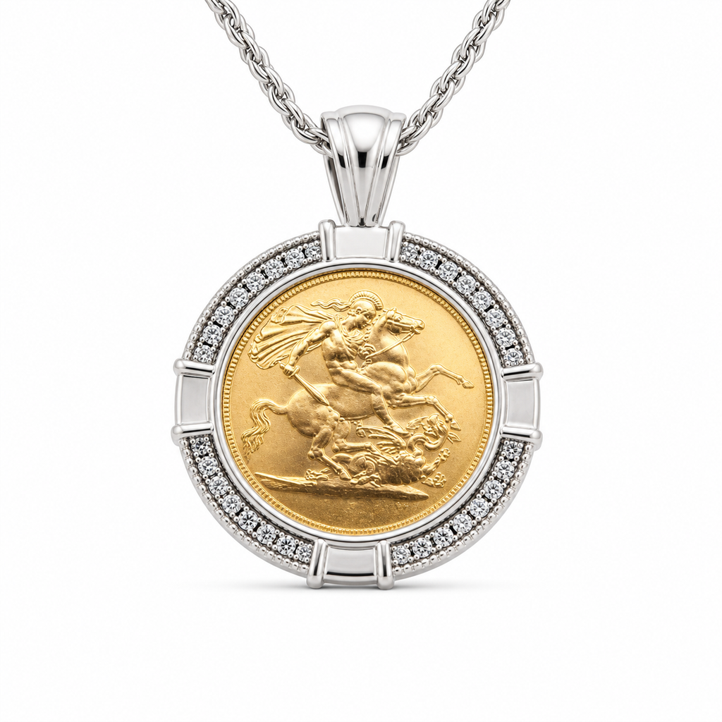 Full Sovereign silver pendant with CZ mount and chain on white background