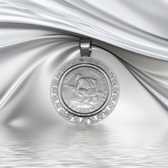 Sterling Silver Maori Border NZ One Shilling Coin Pendant + complimentary chain - product image