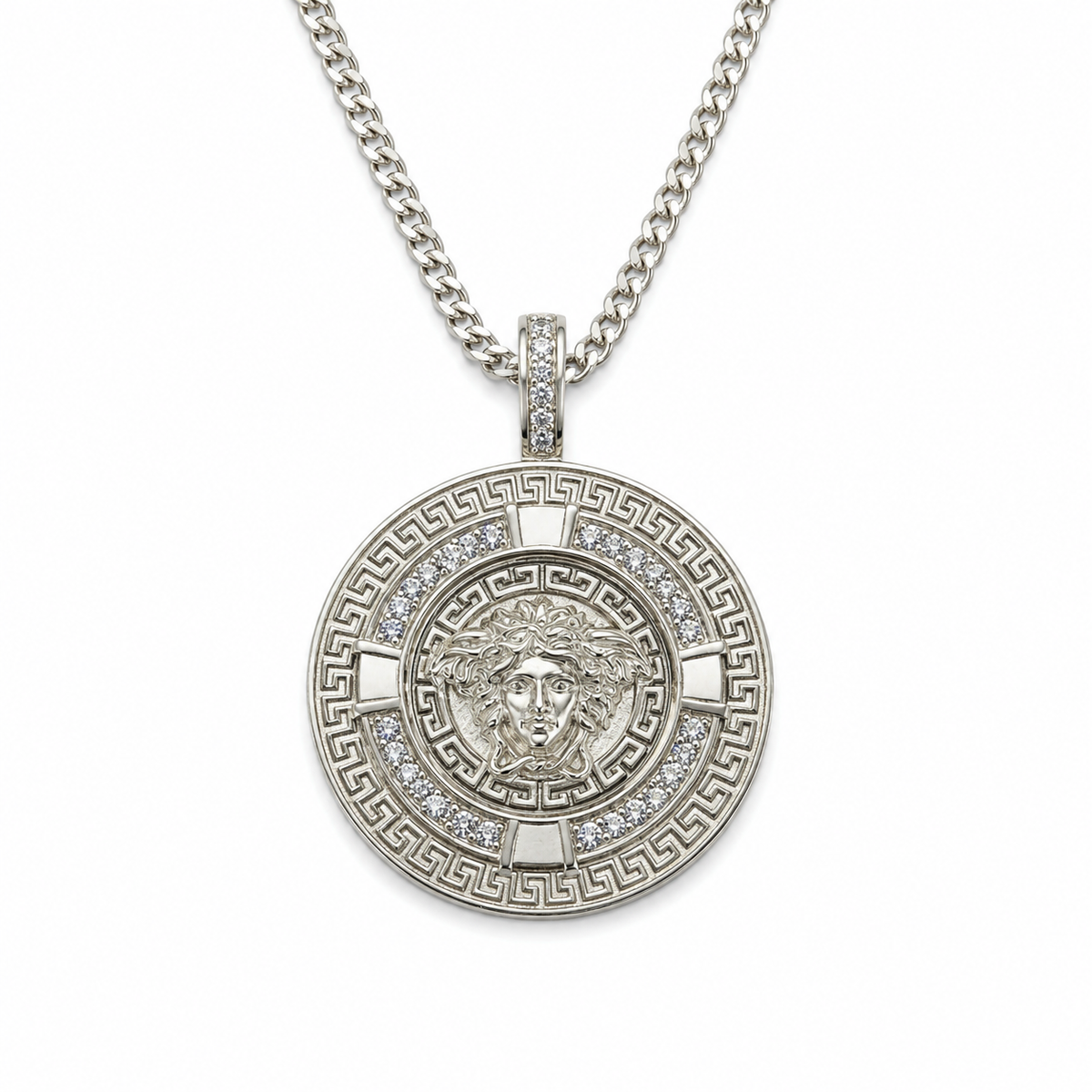 Sterling silver Greek Key Medusa pendant with purple CZ stones and chain