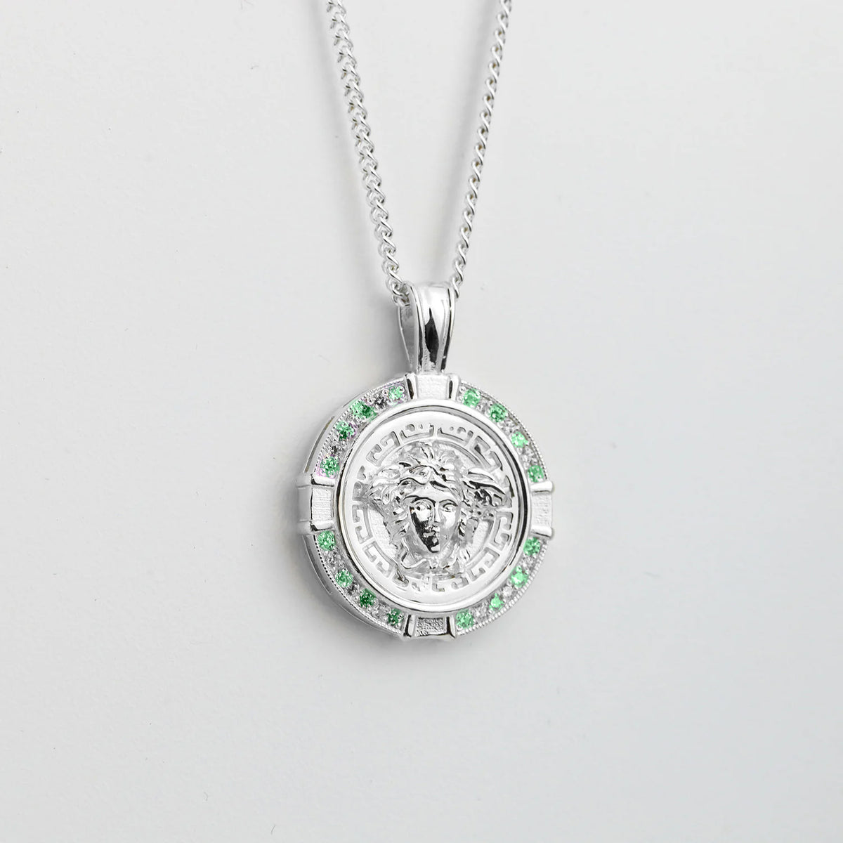 Sterling Silver CZ Frame Mythology Medusa Pendant + Chain (combo) - detail view