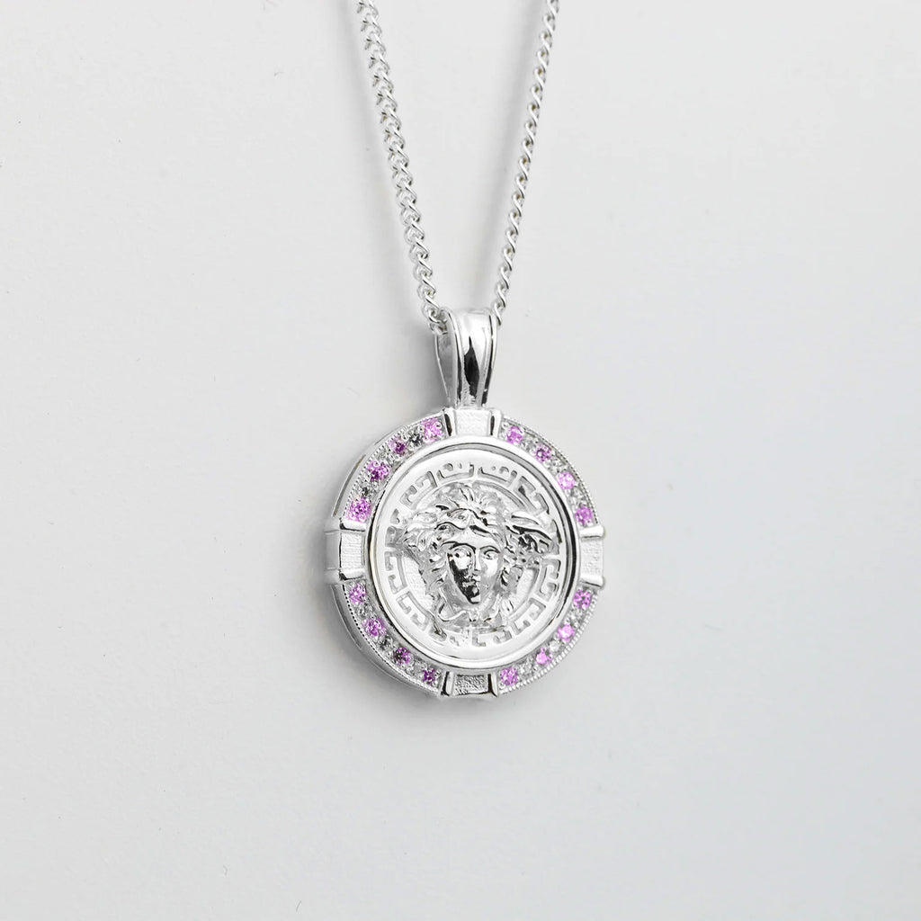 Sterling Silver CZ Frame Mythology Medusa Pendant + Chain (combo) - side view