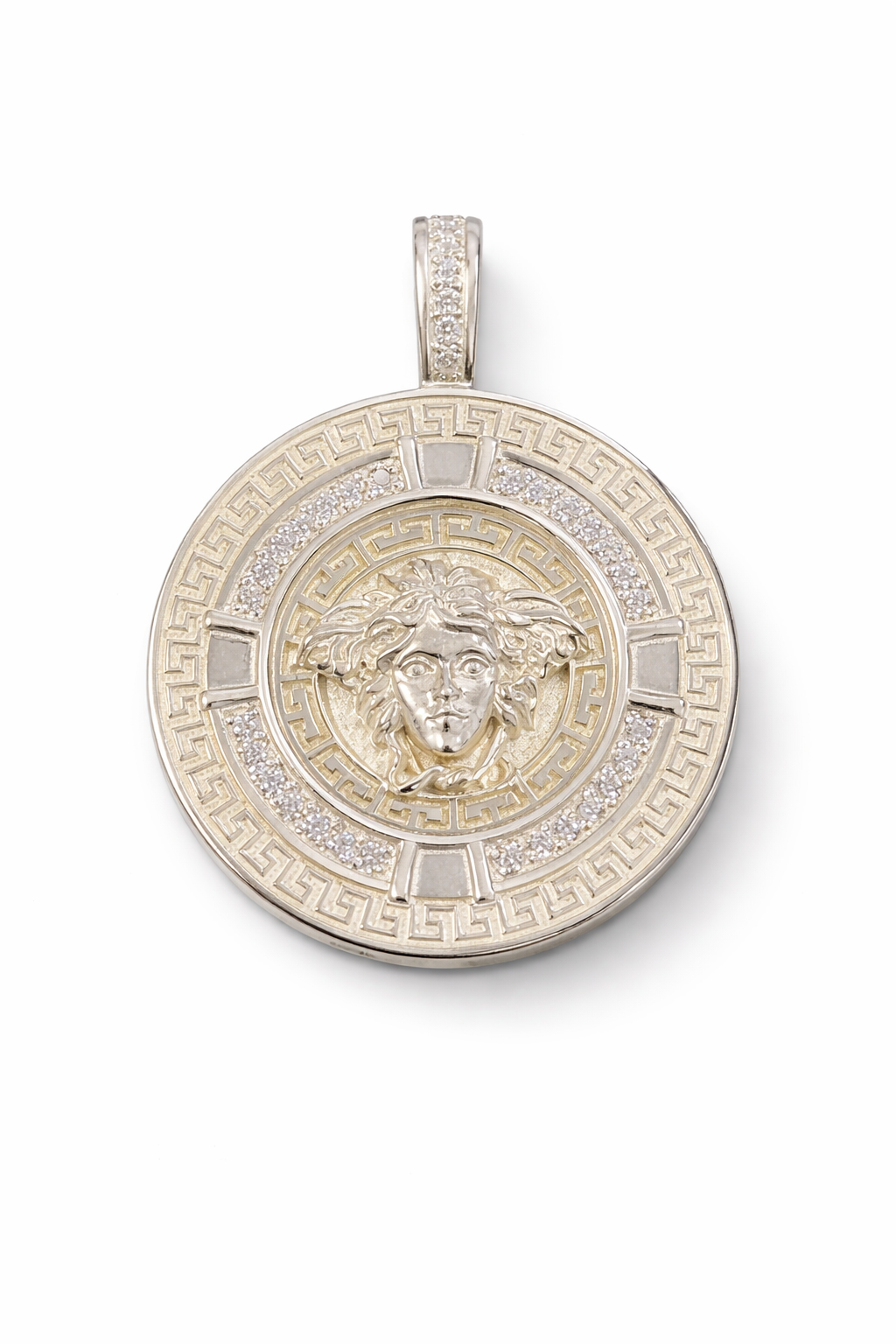Greek Key Mythology Medusa Big Pendant White CZ Stones + Sterling Silver Chain - detail view