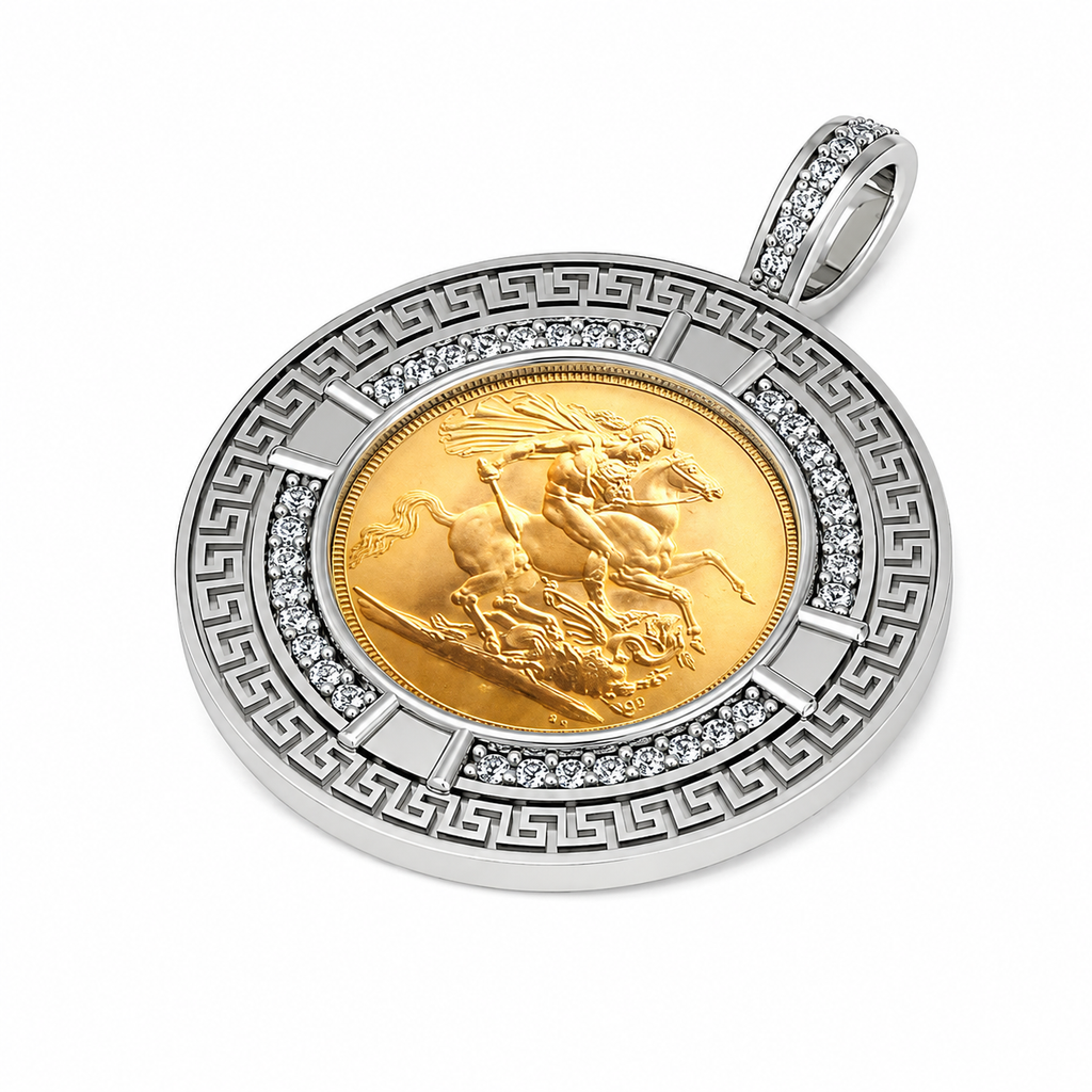 Half Sovereign Greek Key Silver Pendant + Chain - detail view