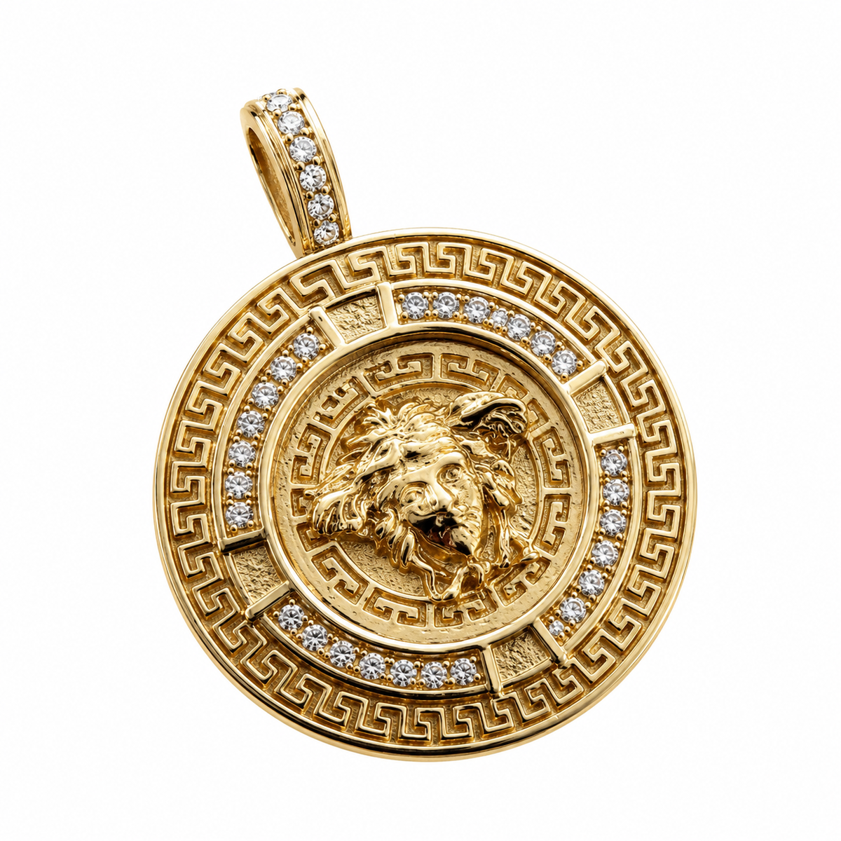 9ct Gold Diamond Mythology Medusa Pendant with Greek Key Boarder - product image