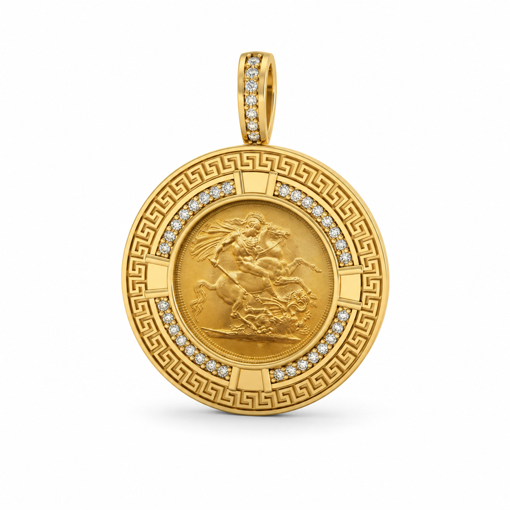 9ct Gold Full Sovereign Diamond Greek Key Frame Pendant - detail view