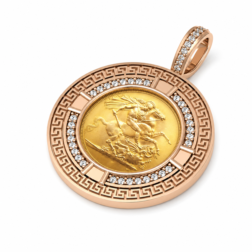 9ct Gold Full Sovereign Diamond Greek Key Frame Pendant - side view