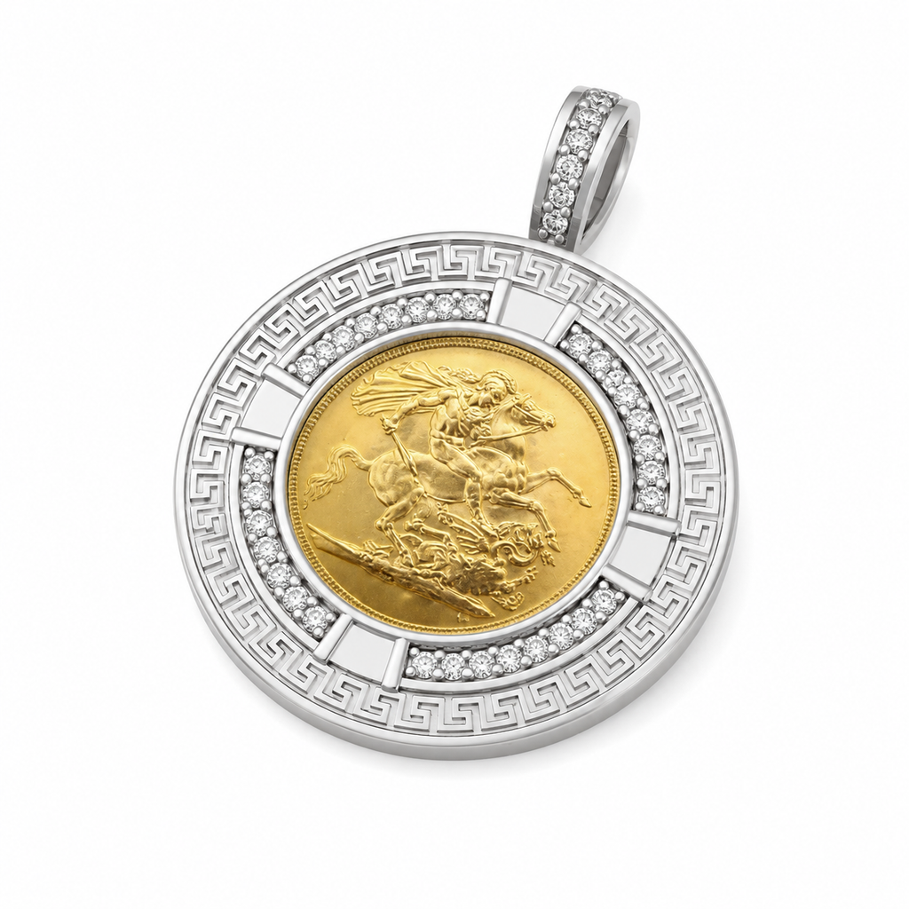9ct Gold Full Sovereign Diamond Greek Key Frame Pendant - product image