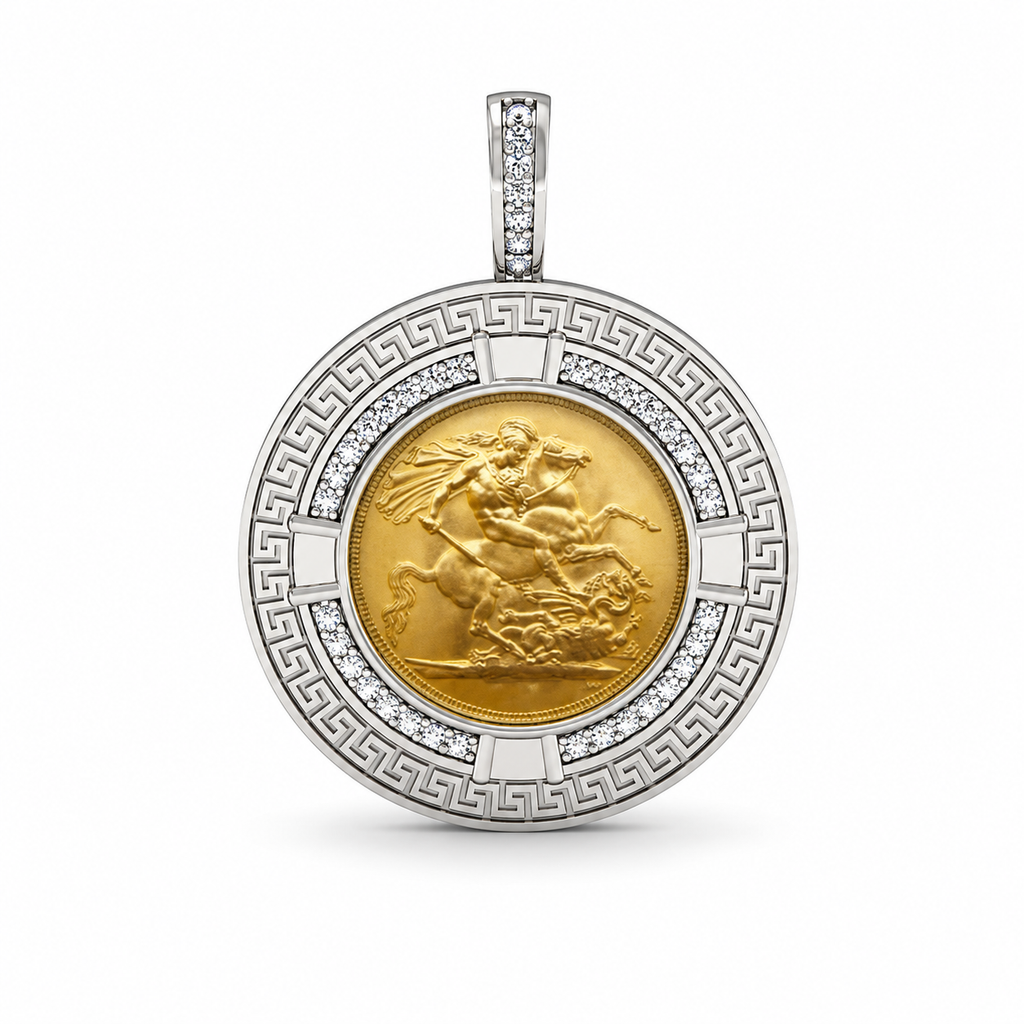 Half Sovereign Greek Key Silver Pendant + Chain - side view