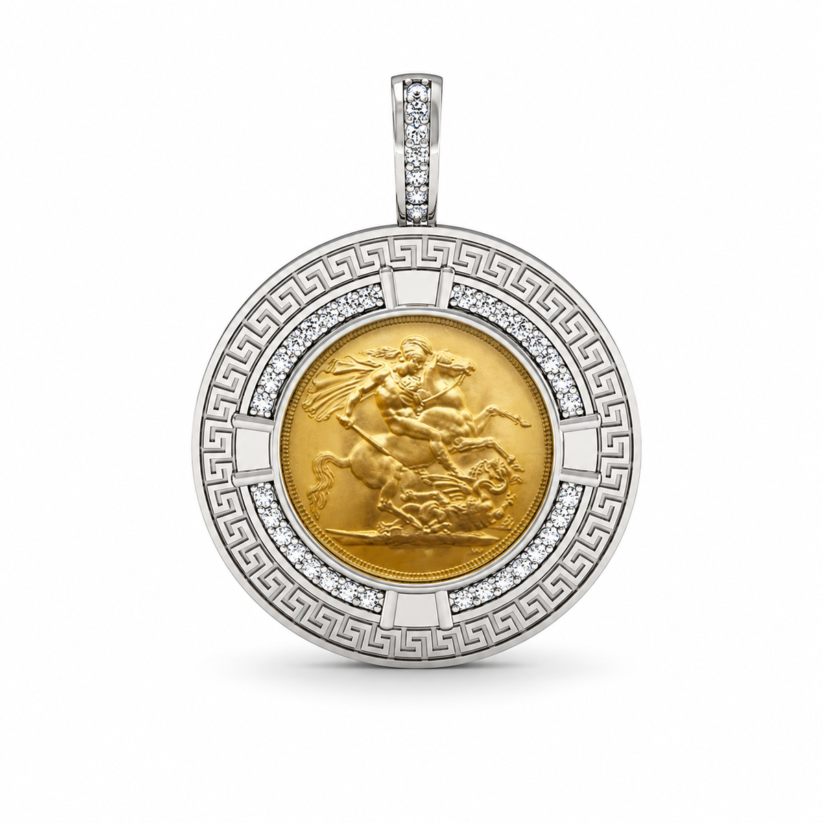 Half Sovereign Greek Key Silver Pendant + Chain - side view