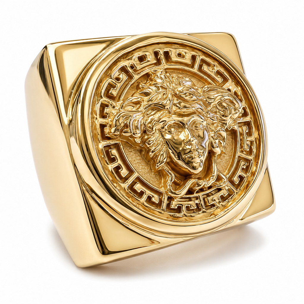 9ct Gold Square Mythology Medusa Ring - detail view