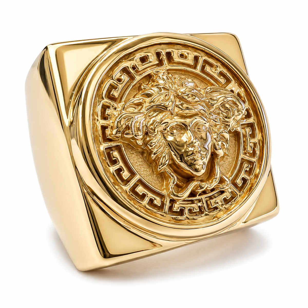 9ct Gold Square Mythology Medusa Ring - detail view