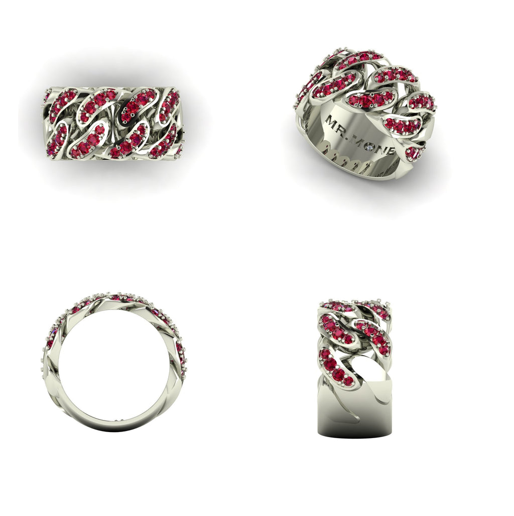 Cuban Link 9ct White Gold & Ruby Ring - side view