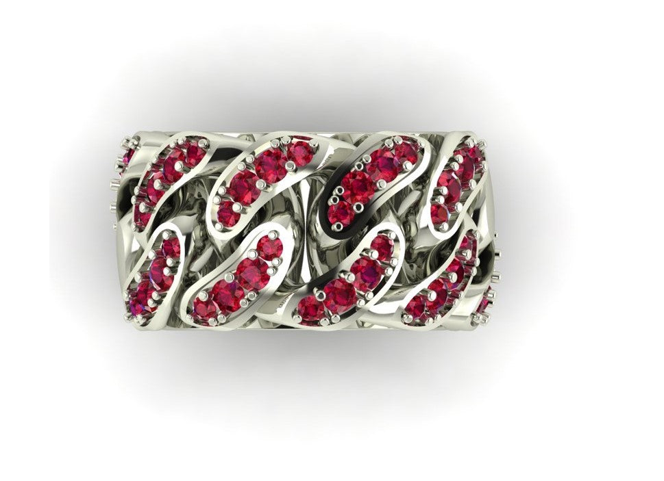 Cuban Link 9ct White Gold & Ruby Ring - detail view
