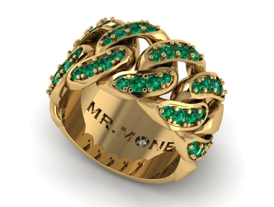 Cuban Link 9ct Yellow Gold & Emerald Ring - product image