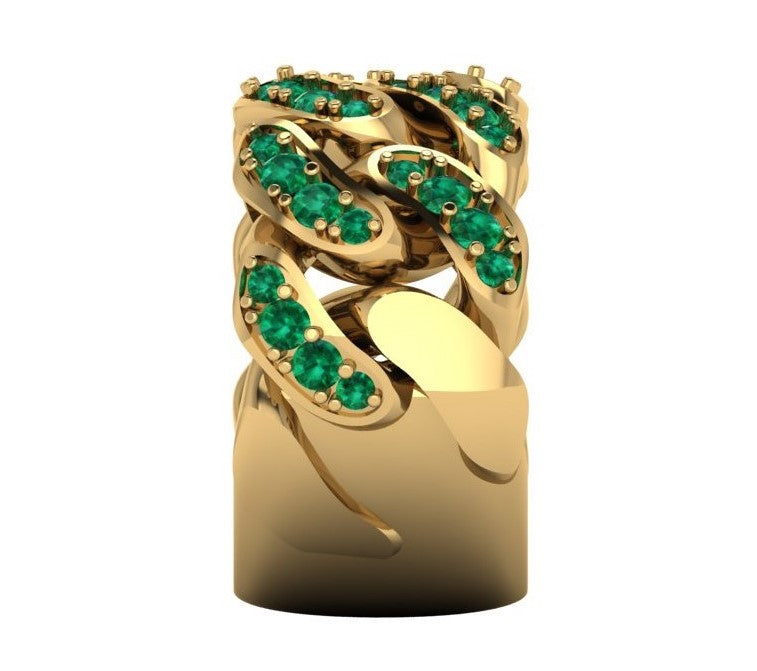 Cuban Link 9ct Yellow Gold & Emerald Ring - detail view