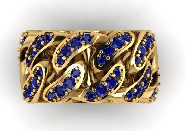 Cuban Link 9ct Yellow Gold & Sapphire Ring - side view
