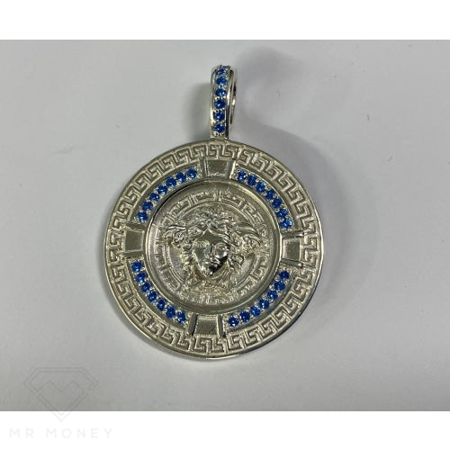 Greek Key Medusa Pendant Baby Blue Cz Stones + Sterling Silver Chain Charms & Pendants