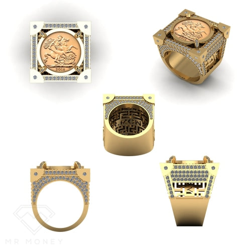 Detail view of Limited Edition 9ct Gold Diamond Half Sovereign Boss Ring 1/20 from Mr Money NZ