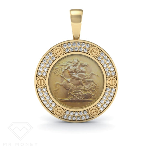 Detail view of Mr Money Yellow Gold Iced Out Full Sovereign Pendant from Mr Money NZ